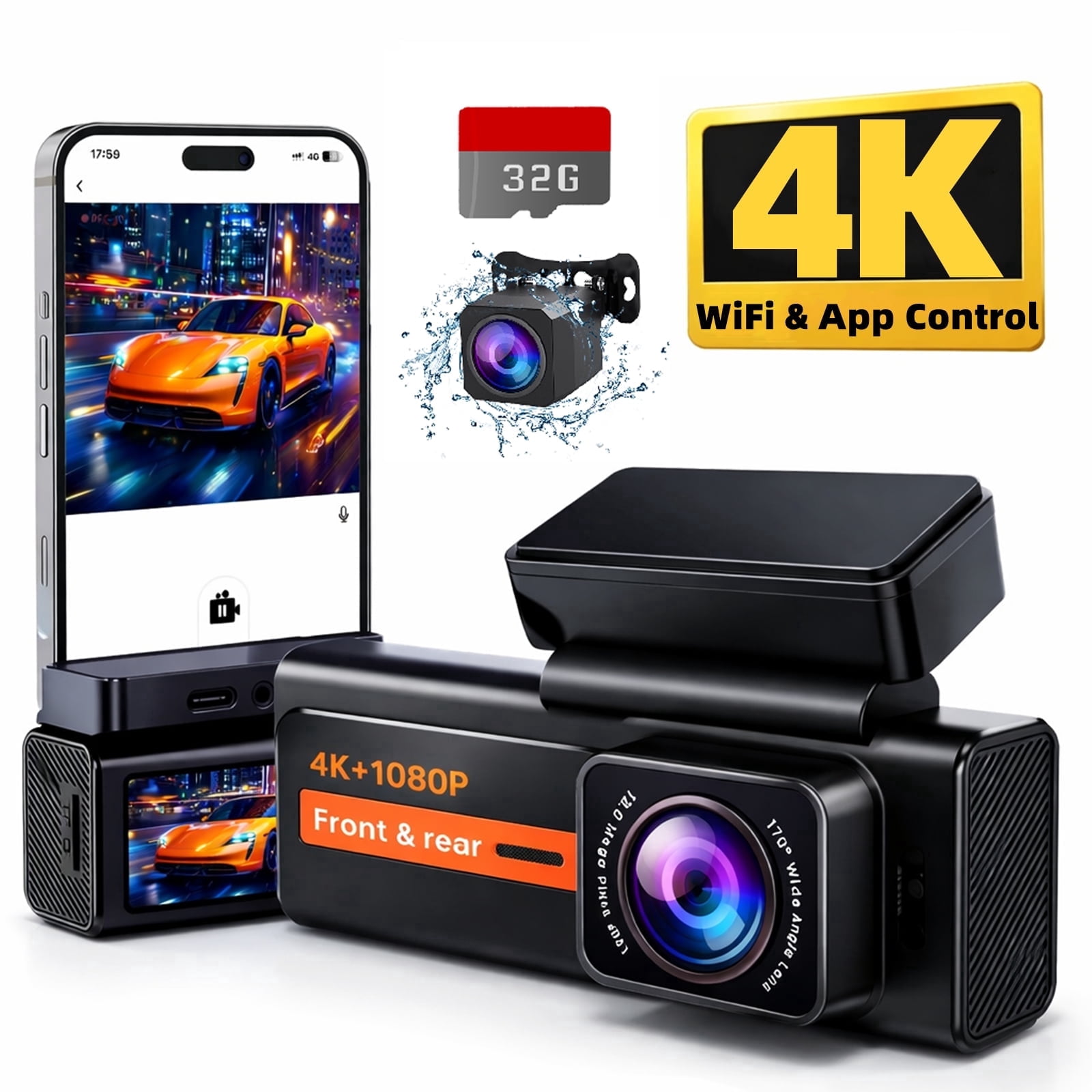 FFN 4K+1080P Dual Dash Cam with WiFi & Night Vision