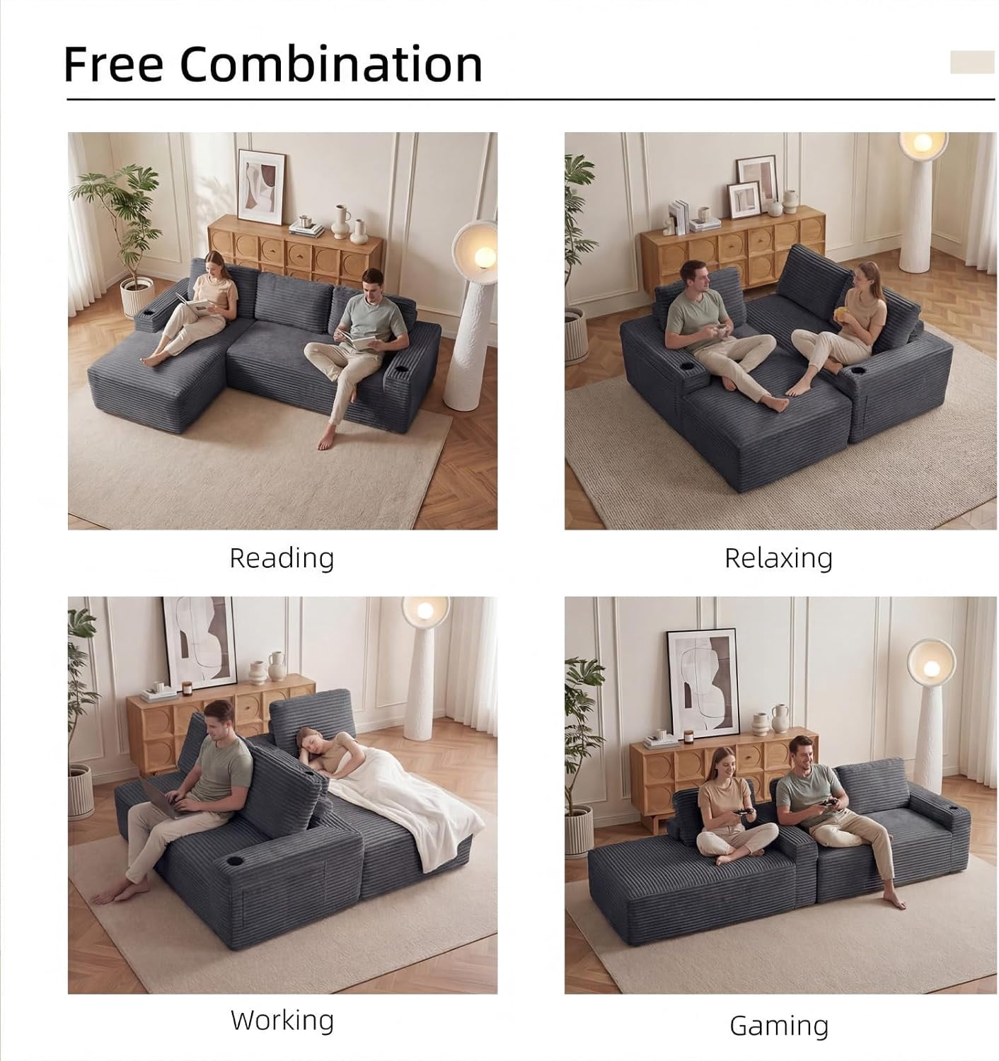 104" Cloud Modular Sectional Sofa, Corduroy Boneless L-Shape Chaise Couch with Deep Seat for Living Room Bedroom, No Assembly Required