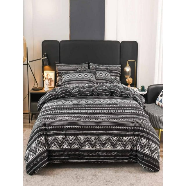Three-Piece Bedding Set Twin Quilt Set with 2 Pillow Cases Bohemian Geometric Black Pattern Lightweight Microfiber Bedspread Coverlet(1-Piece) Rkxzt