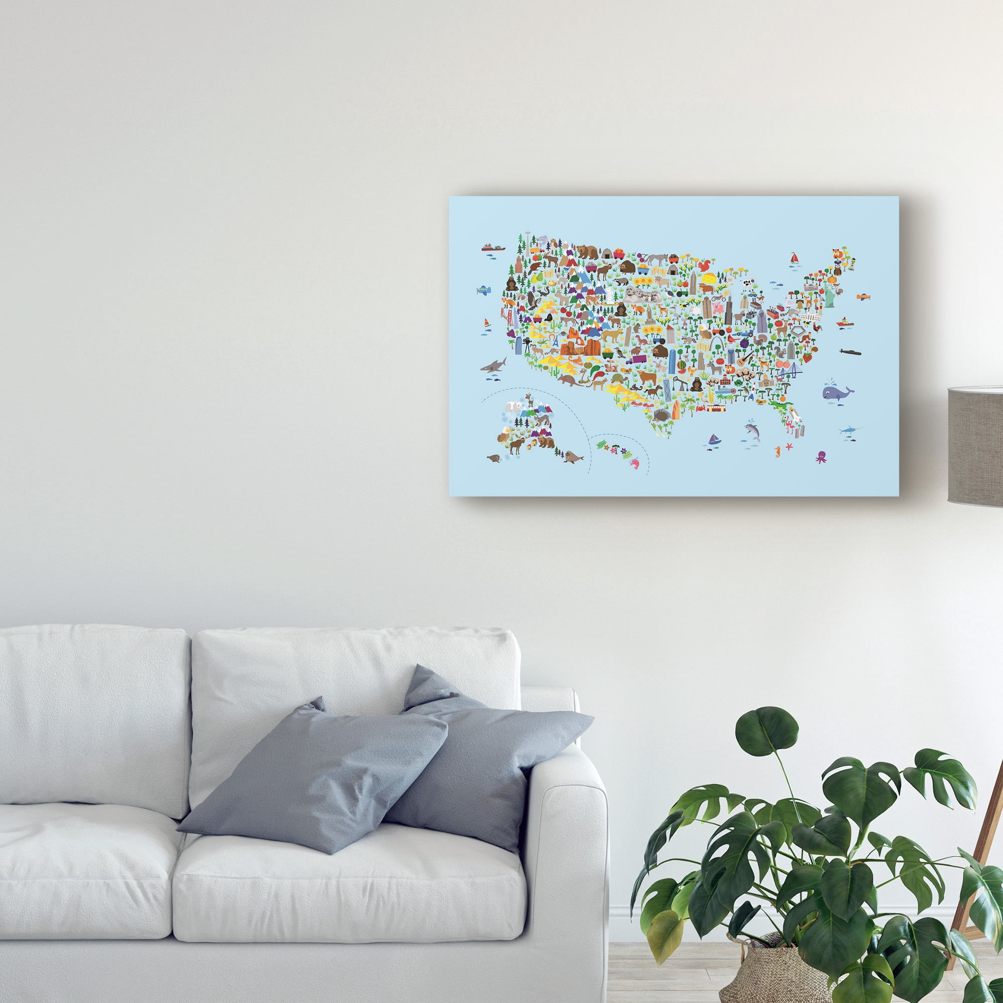 Trademark Fine Art 'Animal Map of United States for children and kids Blue' Canvas Art by Michael Tompsett