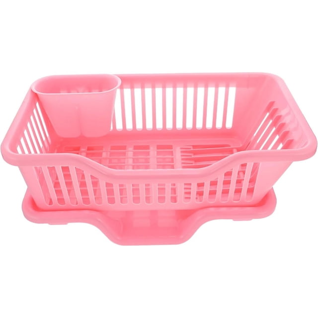 y UrbanMingle Plastic Dish Drying Rack Dish Draining Rack with Drainboard Kitchen Tableware Drying Basket with Cutlery Holder for Kitchen Counter Pink Pink