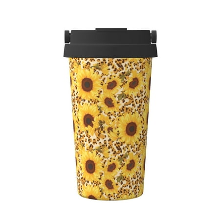 

Qekee Abstract Leopard Print Sunflower Print Insulated Coffee Mug Coffee Tumbler Cup Thermos Mug Water Bottle with Handle & Flip