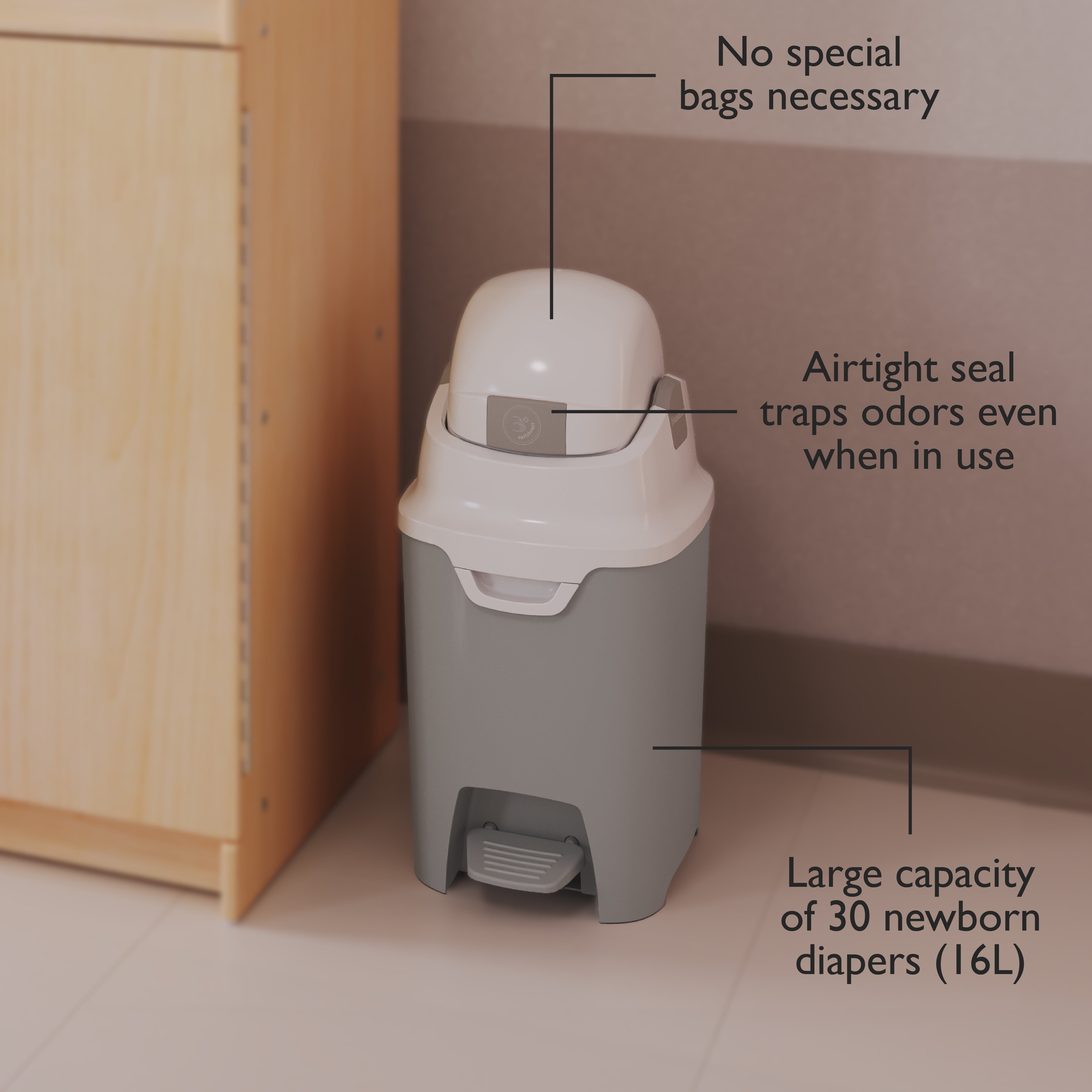 Foundations Mini Diaper Pail With Airtight Lid - Durable