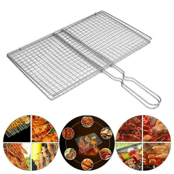 Tkrady Stainless Steel BBQ Grill Basket Grill Net with Foldable Handle 14"x8" Barbecue Grill Basket Vegetable Grilling Rack for Outdoor Fish Meat Vegetables Shrimp Outdoor Grill Accessories