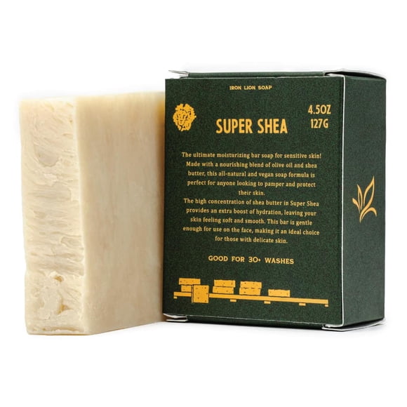 Jabón Iron Lion – Super Karité (aceite de oliva sin perfume y manteca de karité) – Fabricado en Estados Unidos – Jabones de baño naturales para todo tipo de piel – Proceso en frío a base de plantas y