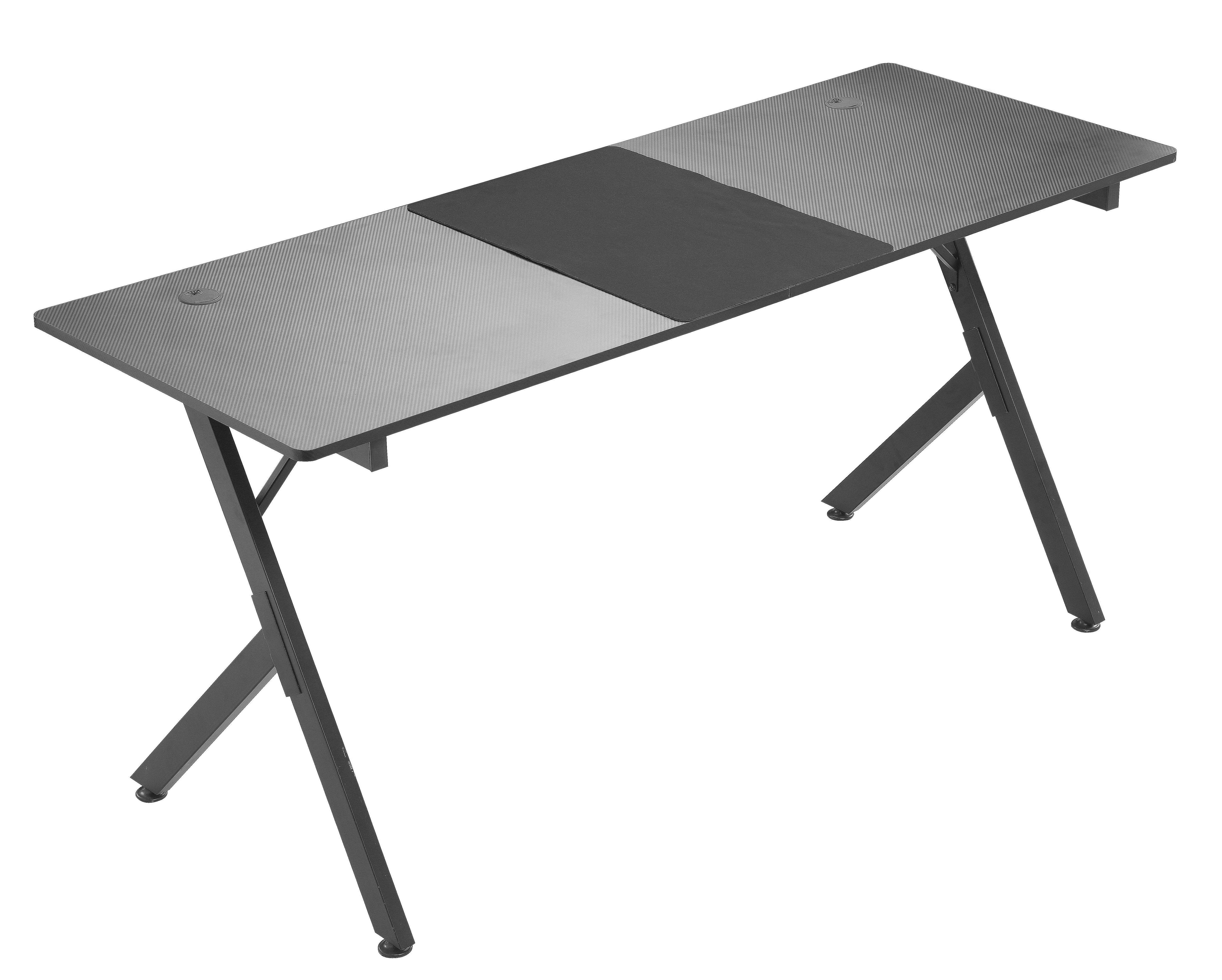 JJS Game Table 63 ", carbon fiber surface computer table, mouse pad, ergonomic e-sports style game table, dual headphone hooks, Black