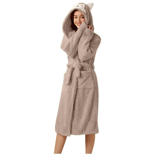 Teissuly Peignoirs pour Femmes Mode Allongée Garde au Chaud Col Châle Même Style Pyjama à Capuche Manches Longues Robe de Nuit Unie
