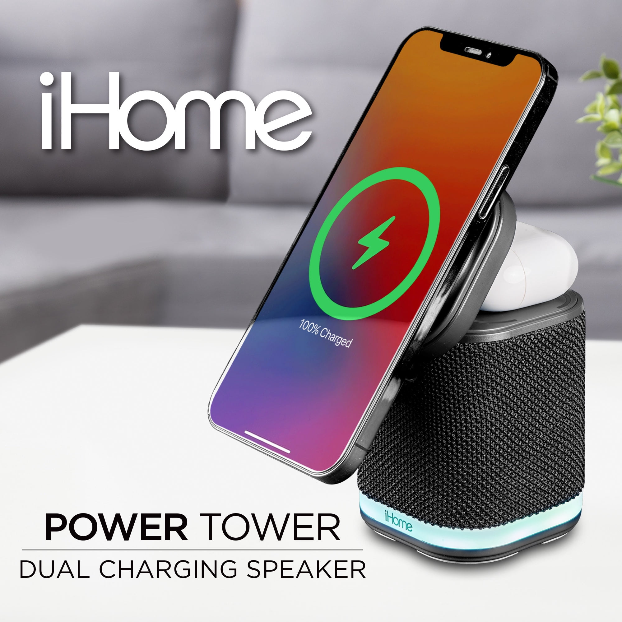 iHome Bluetooth Speaker with Wireless Charger, Wireless Charging Station with Color Changing Night Light