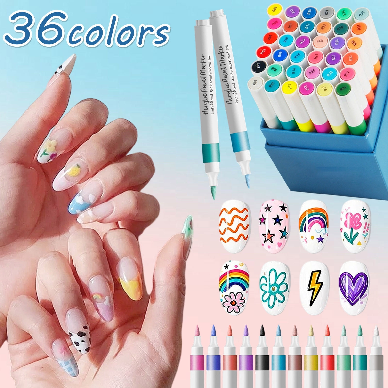 WEGFTDUOP 12 Colors Nail Art Pens - Waterproof Acrylic Paint Markers Drying Nail Tools For DIY Patterns Precision Tip For Beginners And Professionals 12ml