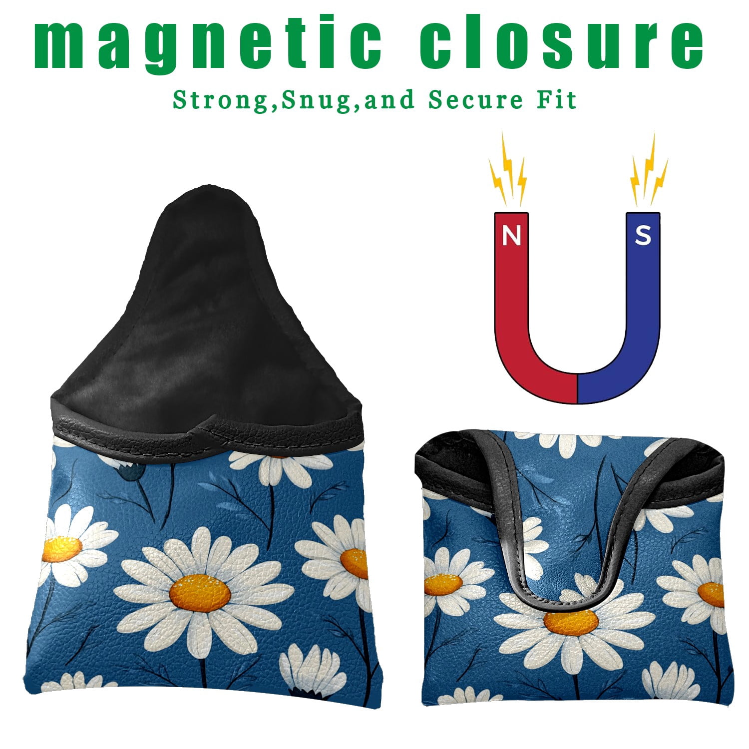 Golf Mallet Putter Cover Premium Leather Waterproof Golf Putter Head Cover with Magnetic Closure White Yellow Daisies