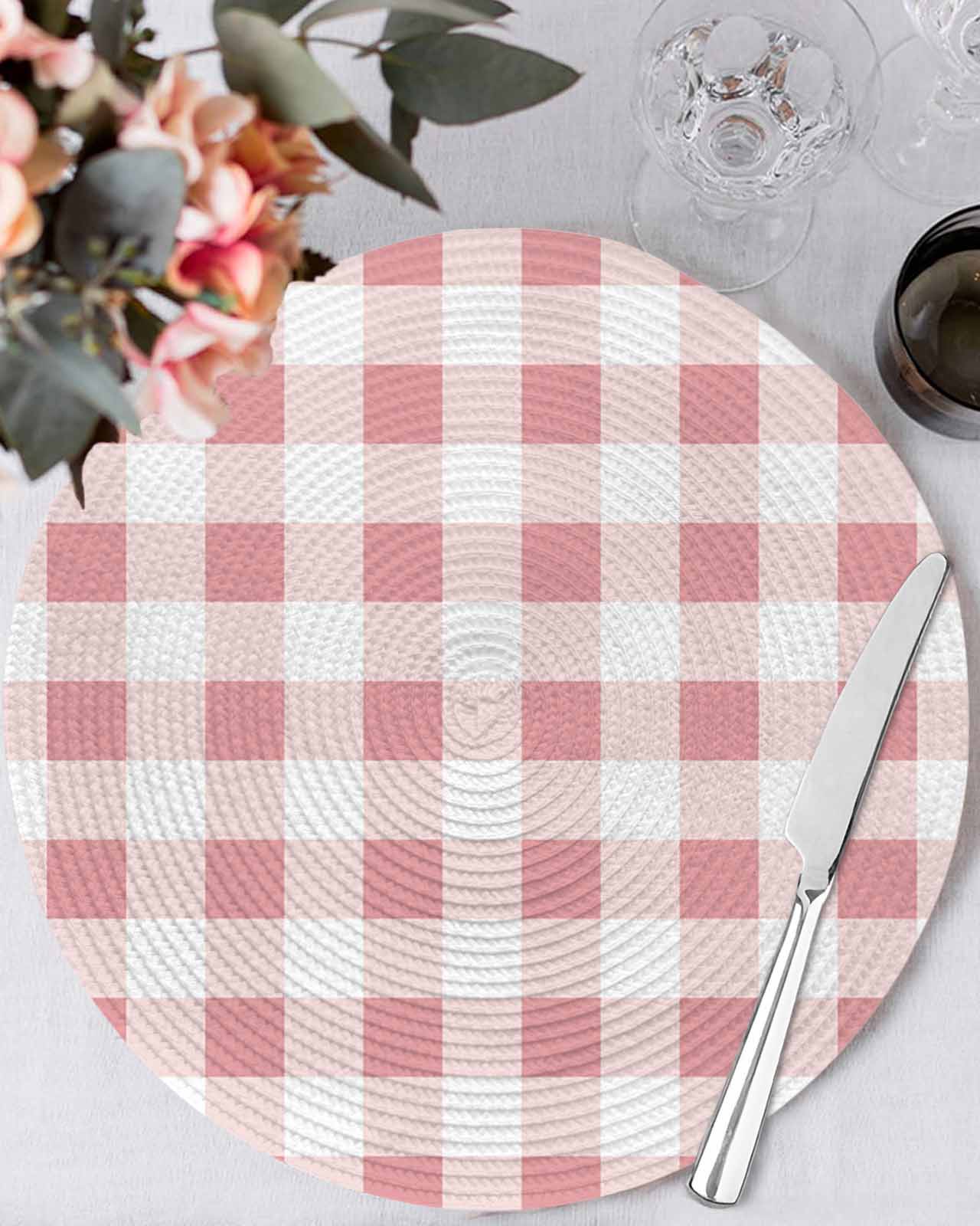Farmhouse Vintage Round Table Placemats set of 8, Gingham Checkered Texture Washable Woven Place Mats for Dining Tables Kitchen Party Decor,Heat Proof, 13in, Pink