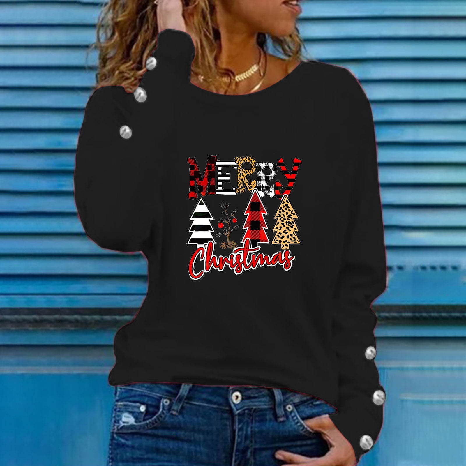 PRINxy Clearance Christmas Shirts Merry Christmas Printing Pullover  SweatShirts Long Sleeve Round Neck Tops Fall Casual Loose Plus Size Womens  Black