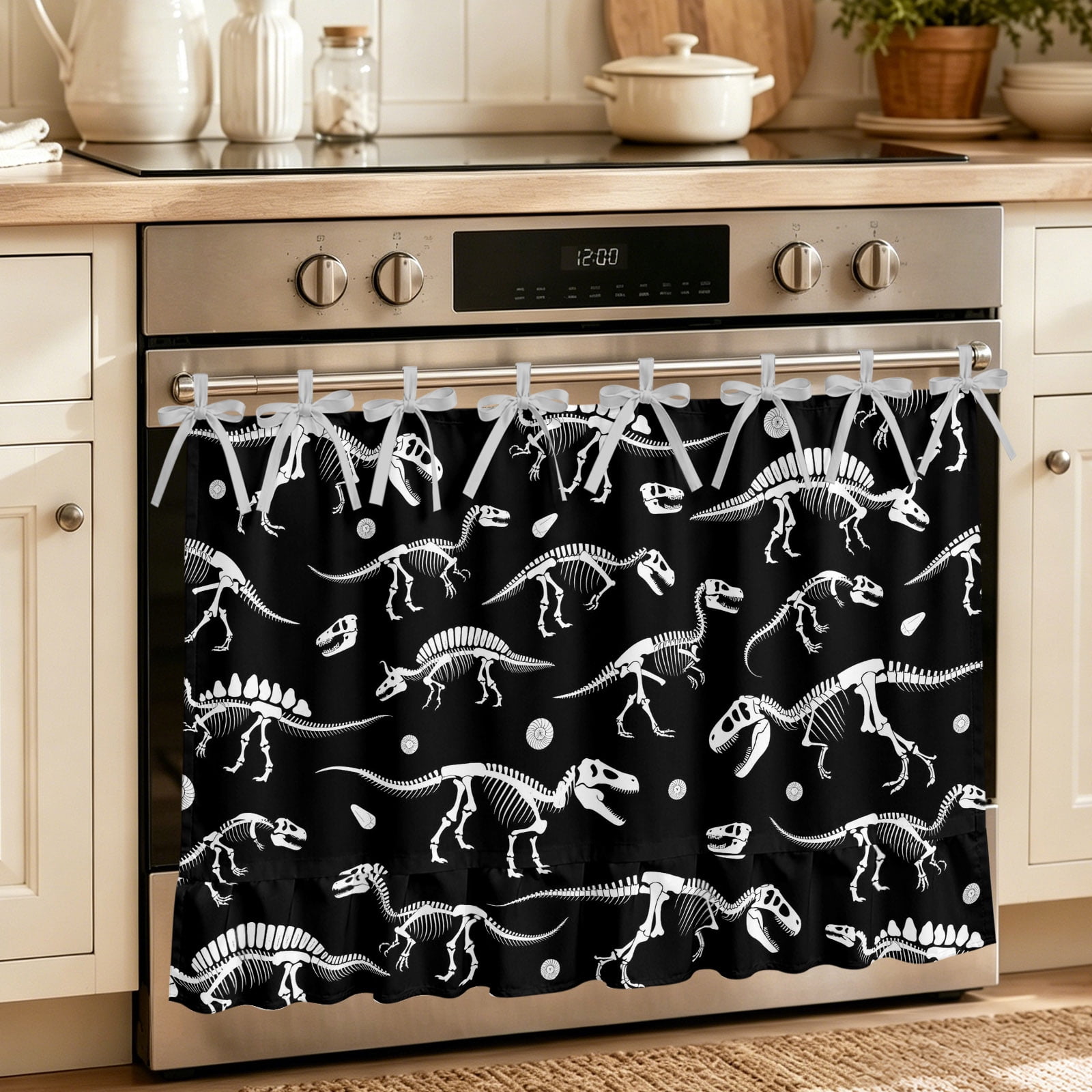 Halloween Dinosaur Black Oven Curtain with Tie Top Oven Skirt Curtain for Kitchen Funny Dino Skull Boys Girls Children Under OvenCover Panel for Dust & Grease Apartment RV Cabinet Curtains 27 x20