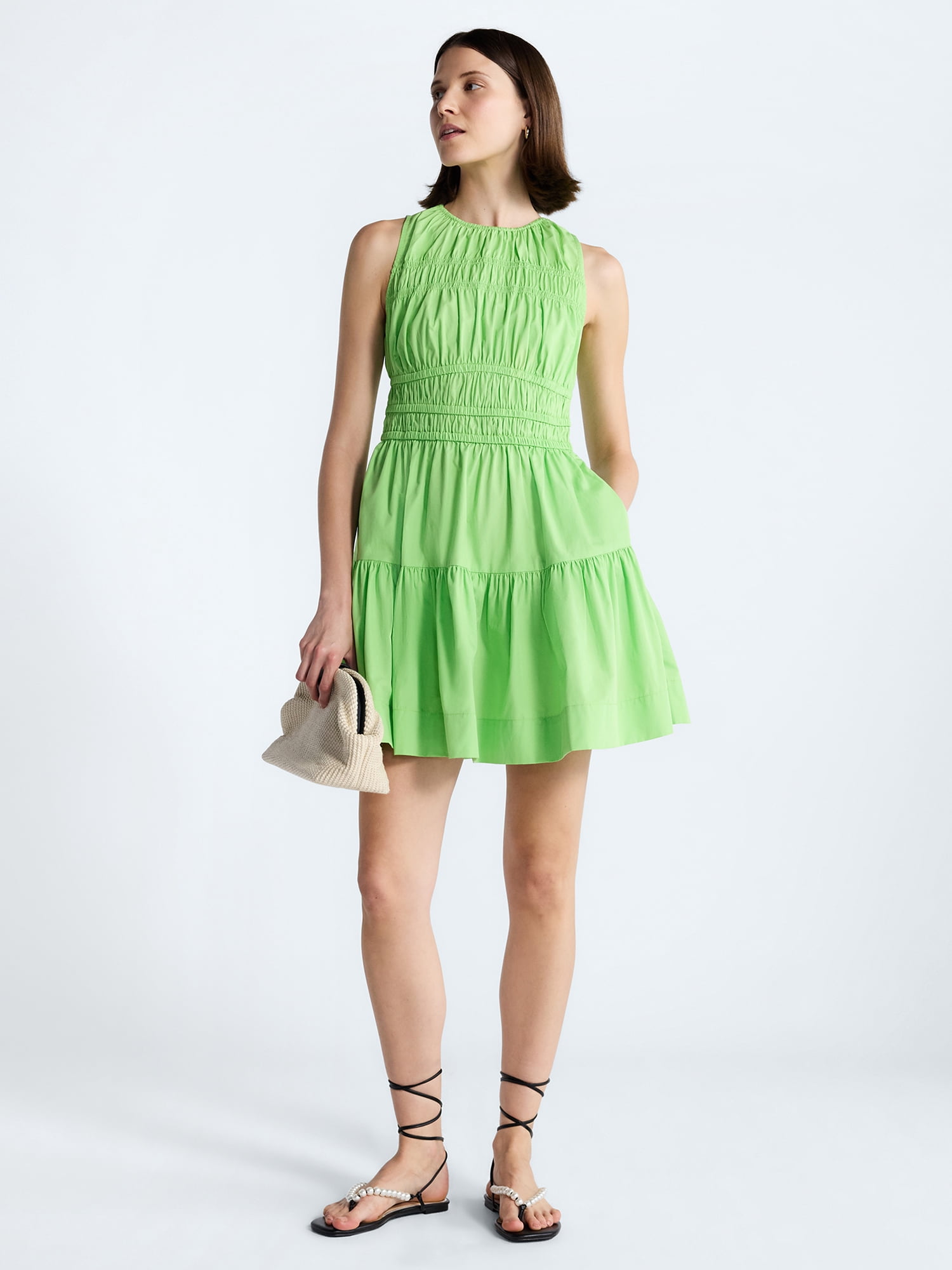Free Assembly Women's and Women's Plus Smocked Cotton Drop Waist Mini Dress, Sizes XS-4X