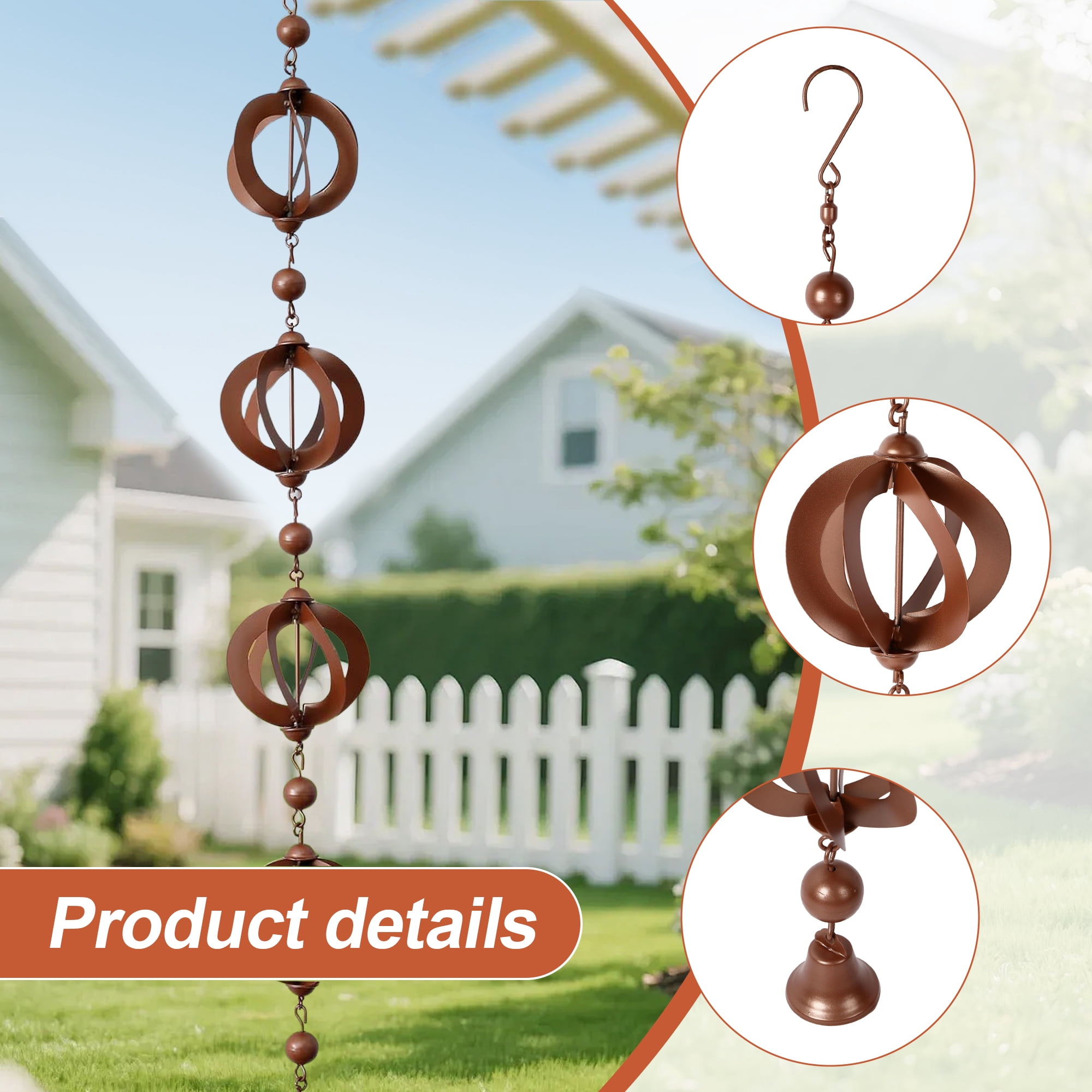 Wind Chime, 1 Piece Swivel Rain Chain Suspension, 42.52 lnches, Patio Outdoor Decor, Vintage Wind Chime with Bell