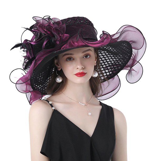 Txlixc Sombrero de mujer elegante tela de malla plegada con flores adornadas con cornisa ancha Txlixc moda