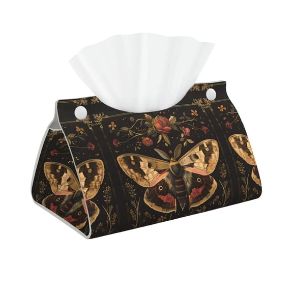 Leather Tissue Box Cover - Vintage Moth Floral Art Long PVC Tissue Box Holder for Dining Tables, Bedside Tables, Desks, Modern Tissue Holder Cover for Living Room, Office, Bedroom Decor