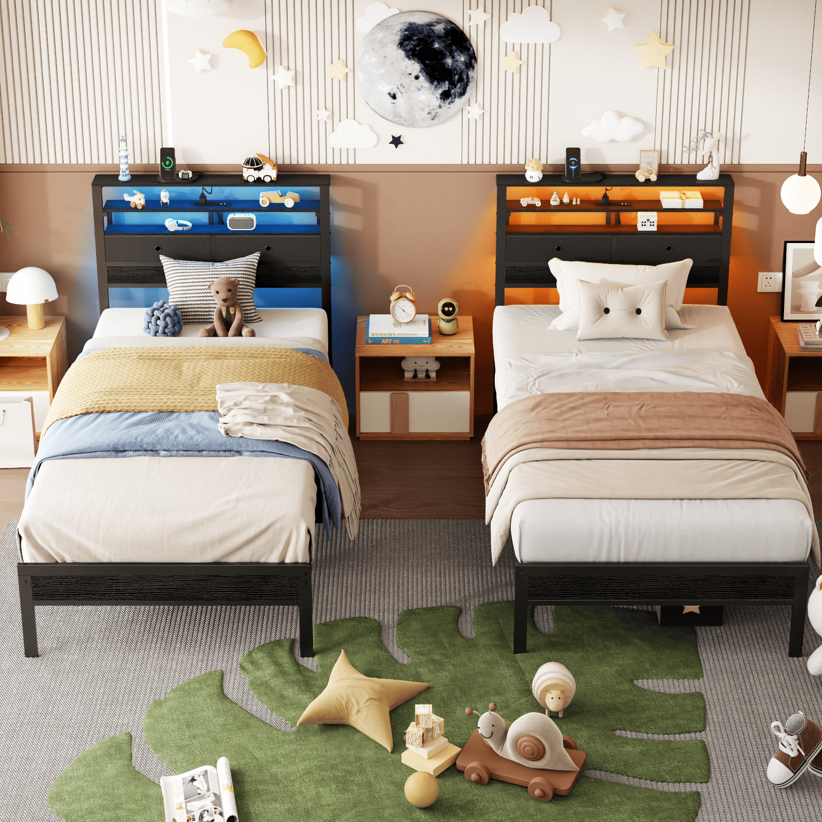 Satifur Twin Size Bed Frame with 2 Storage Drawers Headboard, LED & Charging Station, Black Oak