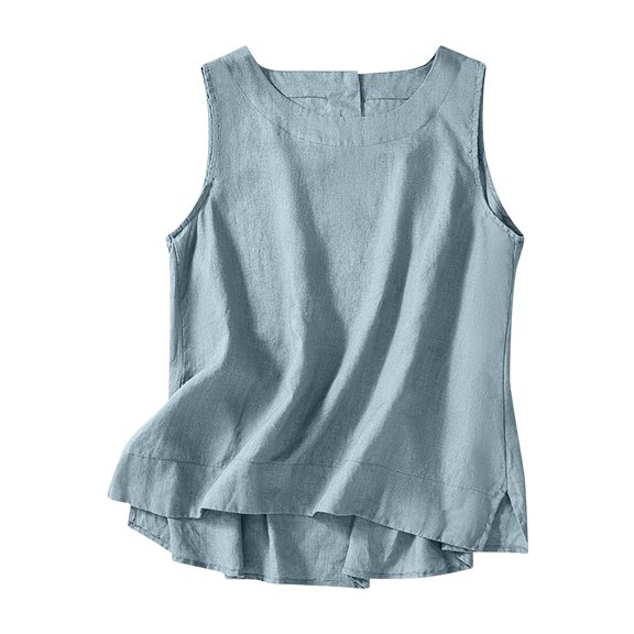 Crgrtght Women Linen Curved Hem Round Neck Sleeveless Casual Basic Loose Tank Tops Button Shirt, Blue XXL