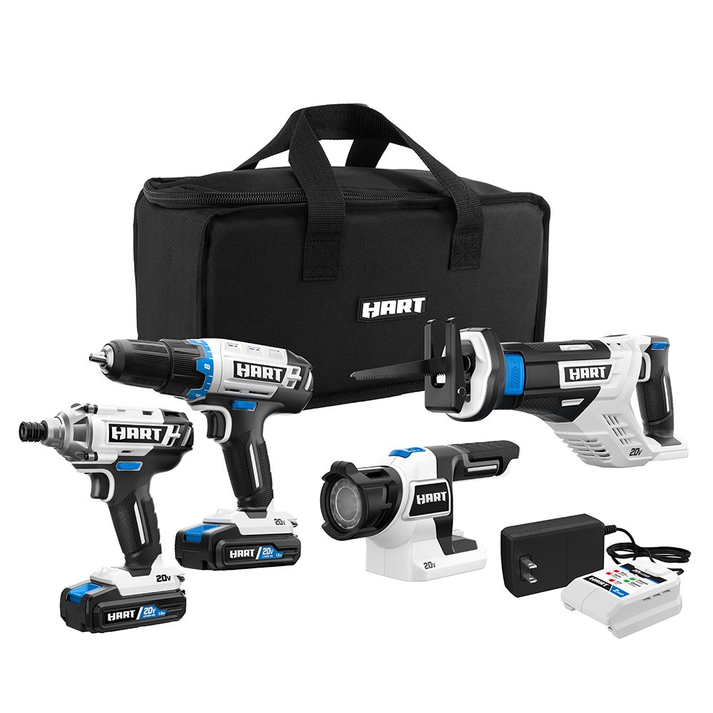HART 20Volt Cordless 4Tool Combo Kit (2) 1.5Ah LithiumIon Batteries