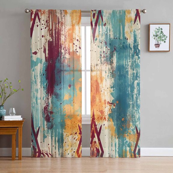 Boho Orange Teal Red Sheer Curtains 84 Inch Length 2 Panels Set for Living Room/Bedroom, Modern Abstract Splashing Art Semi Curtain Sheers Drapes Rod Pocket Curtains Window Treatment Set 52''x84''x2
