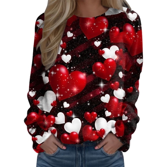 Women Valentine's Sweatshirt Love Heart Print Shirts Printed Casual Sports Crewneck Long Sleeved 2026 Fall Trendy Outfits