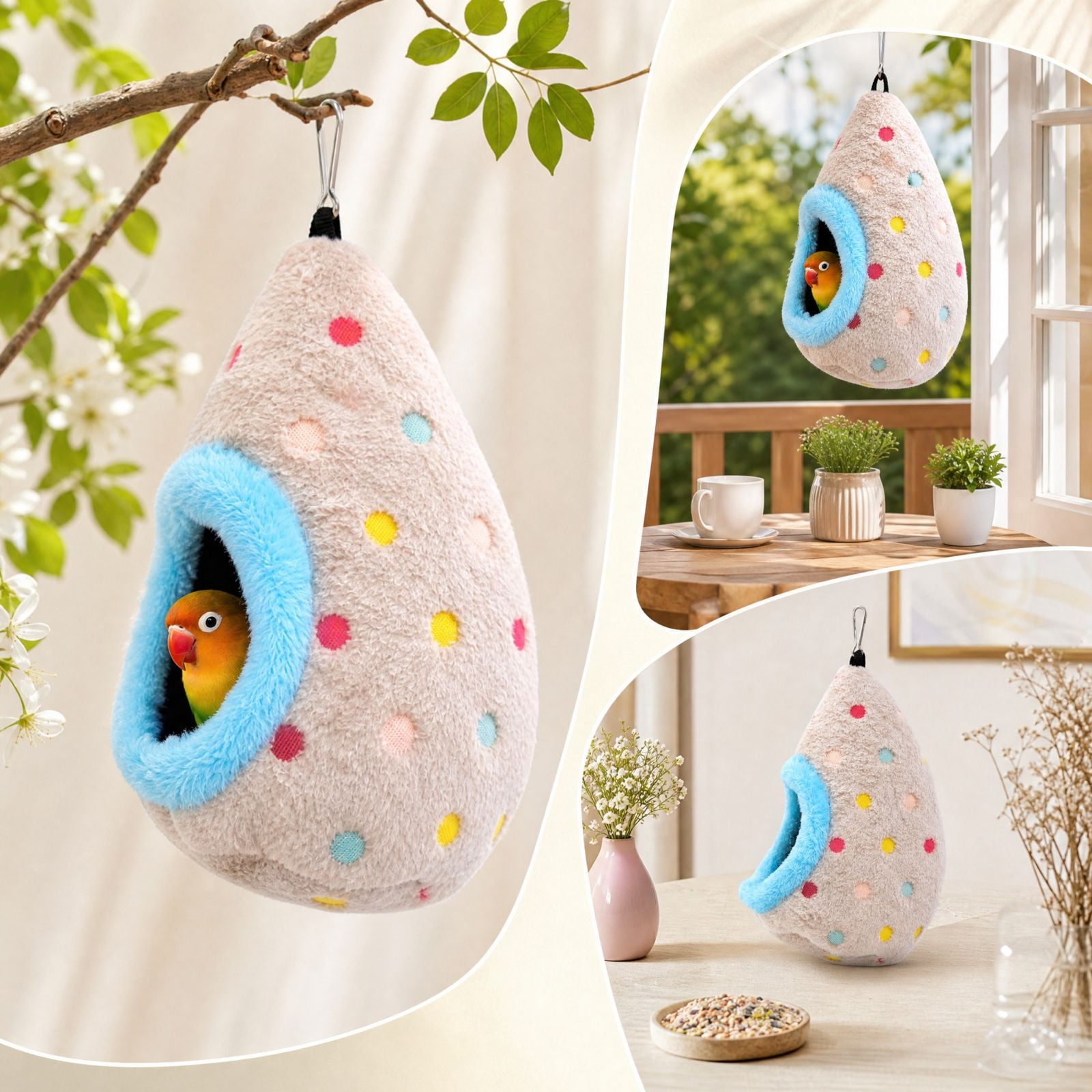 Hanging Egg Shaped Bird Hut with Thickened Warm Plush Soft Winter Sleeping Cave Nest for Parakeet Budgie Cockatiel Lovebird Finch and Small Birds Cozy Hanging Bird House Cage for Pet