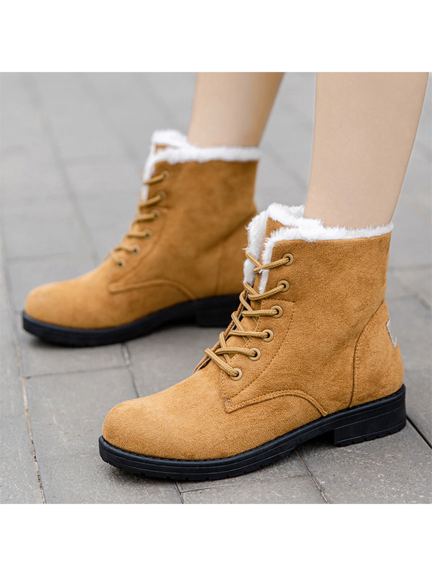 NEW WOMENS LADIES FUR LINED FLAT LACE UP WINTER SNOW ANKLE BOOTS CASUAL SIZE 