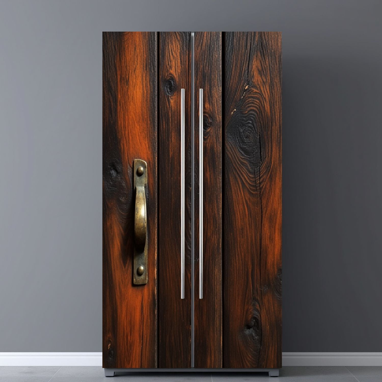 Self Adhesive Vinyl Refrigerator Wrap Set Rustic Dark Wooden Panels Vintage Brass Rustic Door Mural Removable Fridge Sticker Peel and Stick&nbsp;Full Door Cover Decal Kitchen Bar Decor