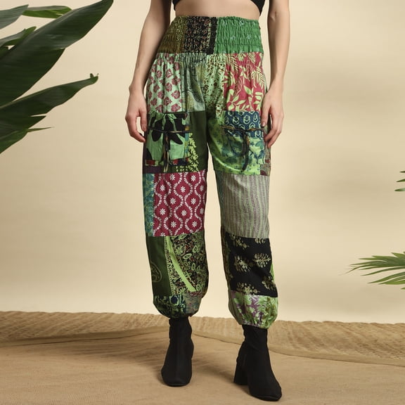 Green Overdyed Cotton Patchwork Pants Free Size Trousers
