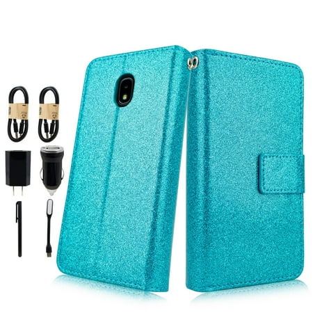 - ~Value Pack~ 9 Card Pocket For Samsung Galaxy J3 (2018)/ J3 Achieve/ J3 Star/ Amp Prime 3/ Express Prime 3/ J3V 3rd Gen. /J337 Image Fold Wallet Kickstand Phone Case Glitter Teal