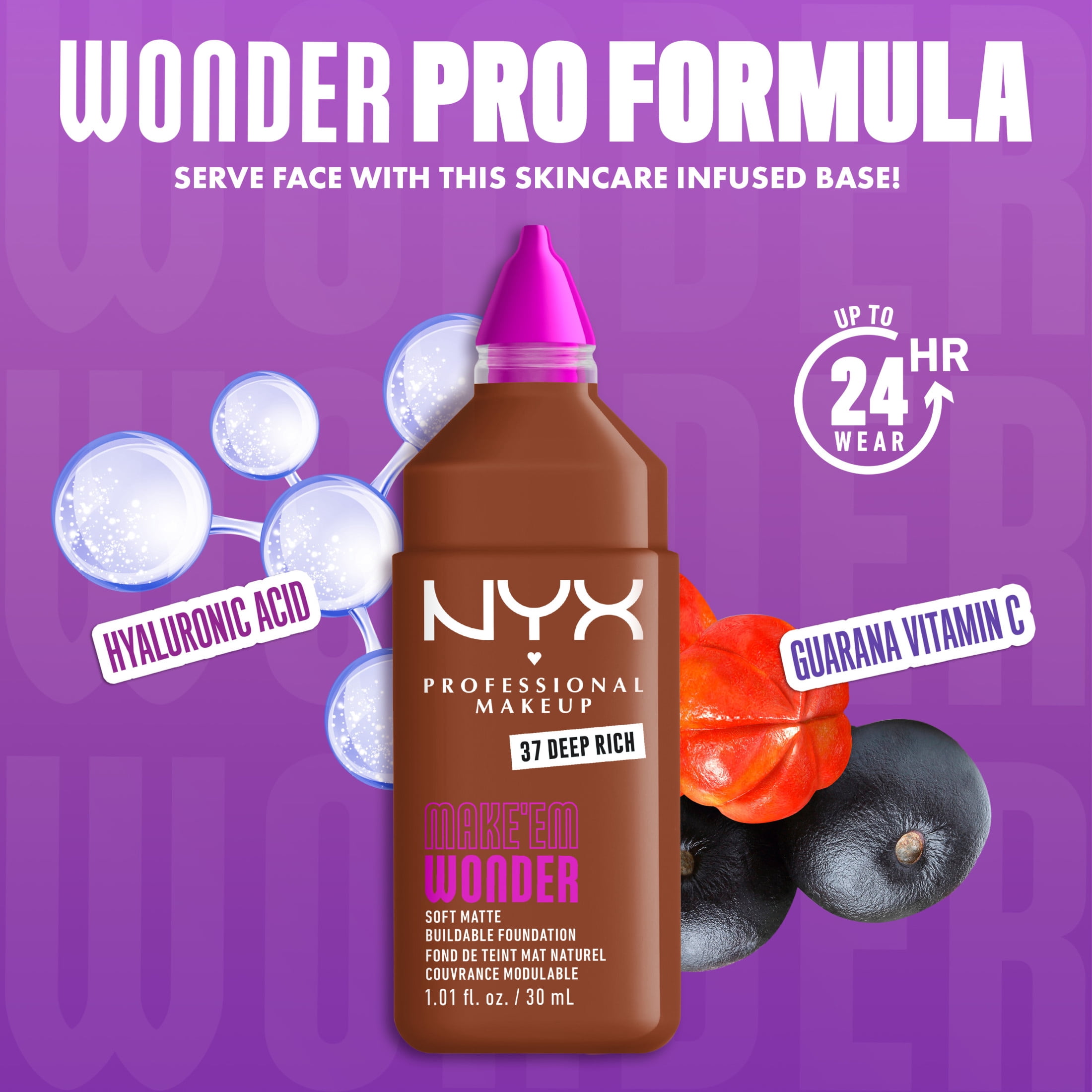 NYX Professional Makeup Make Me Wonder Make 'EM Wonder, 24H Soft Matte Foundation, DEEP RICH, 0.84 fl oz