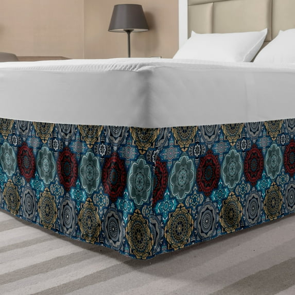 Moroccan Bed Skirt, Patchwork Style Vintage Ottoman Inspiration Retro Motifs, Elastic Bedskirt Dust Ruffle Wrap Around for Bedding Decor, 4 Sizes, Sand Brown Blue and Ruby, by Ambesonne