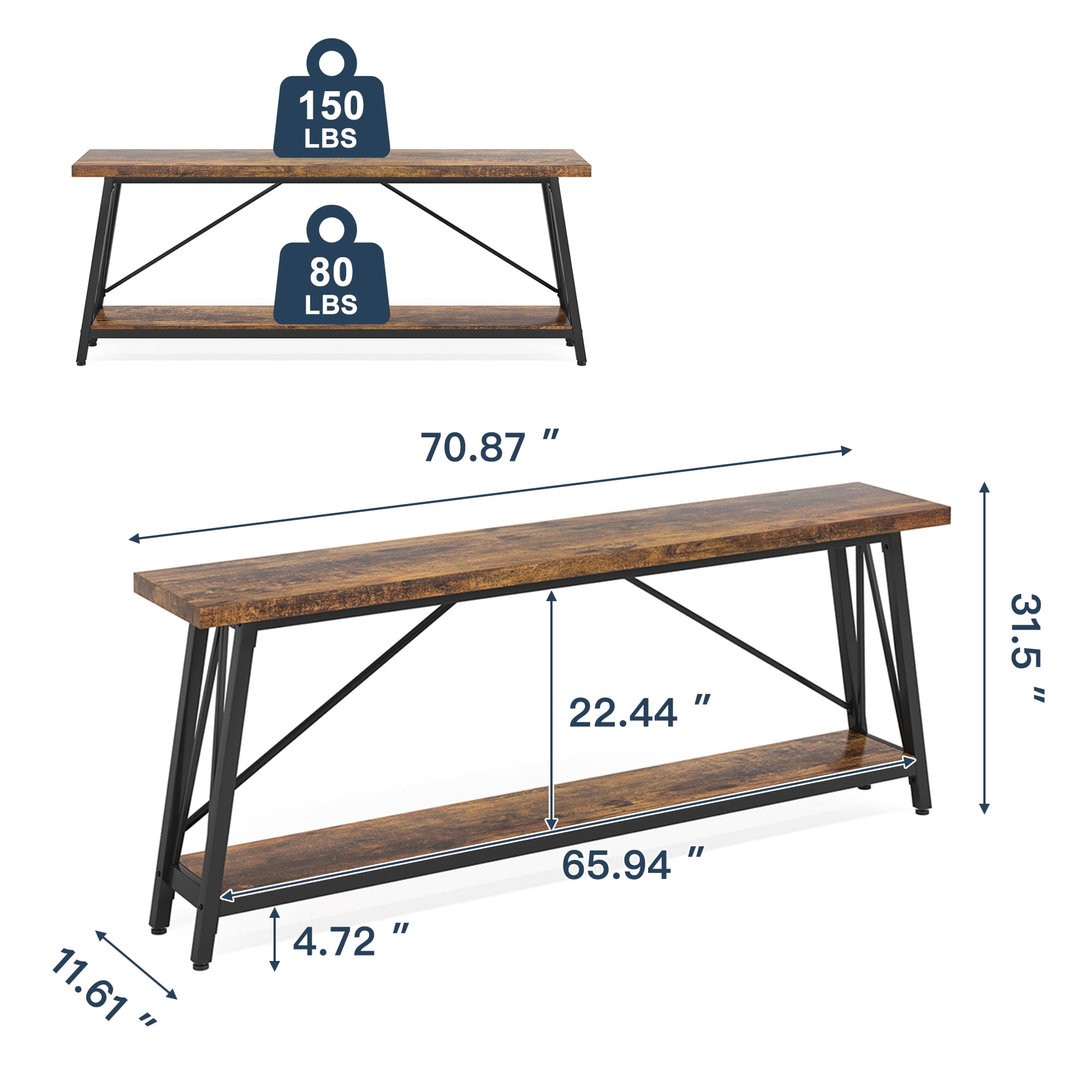 Demi Bonn 70.9" Console Table, Rustic Vintage Narrow Sofa Table for Entryway, Living Room, Hallway, Brown & Black