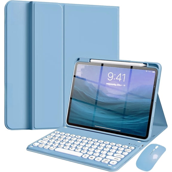 Magnetic Detachable Candy Round Keyboard Cover with Mouse & Apple Pencil Slot for iPad 7/8/9 Gen 10.2", Air 3, Pro 10.5 2017, Slim Folio Case, MistyBlue