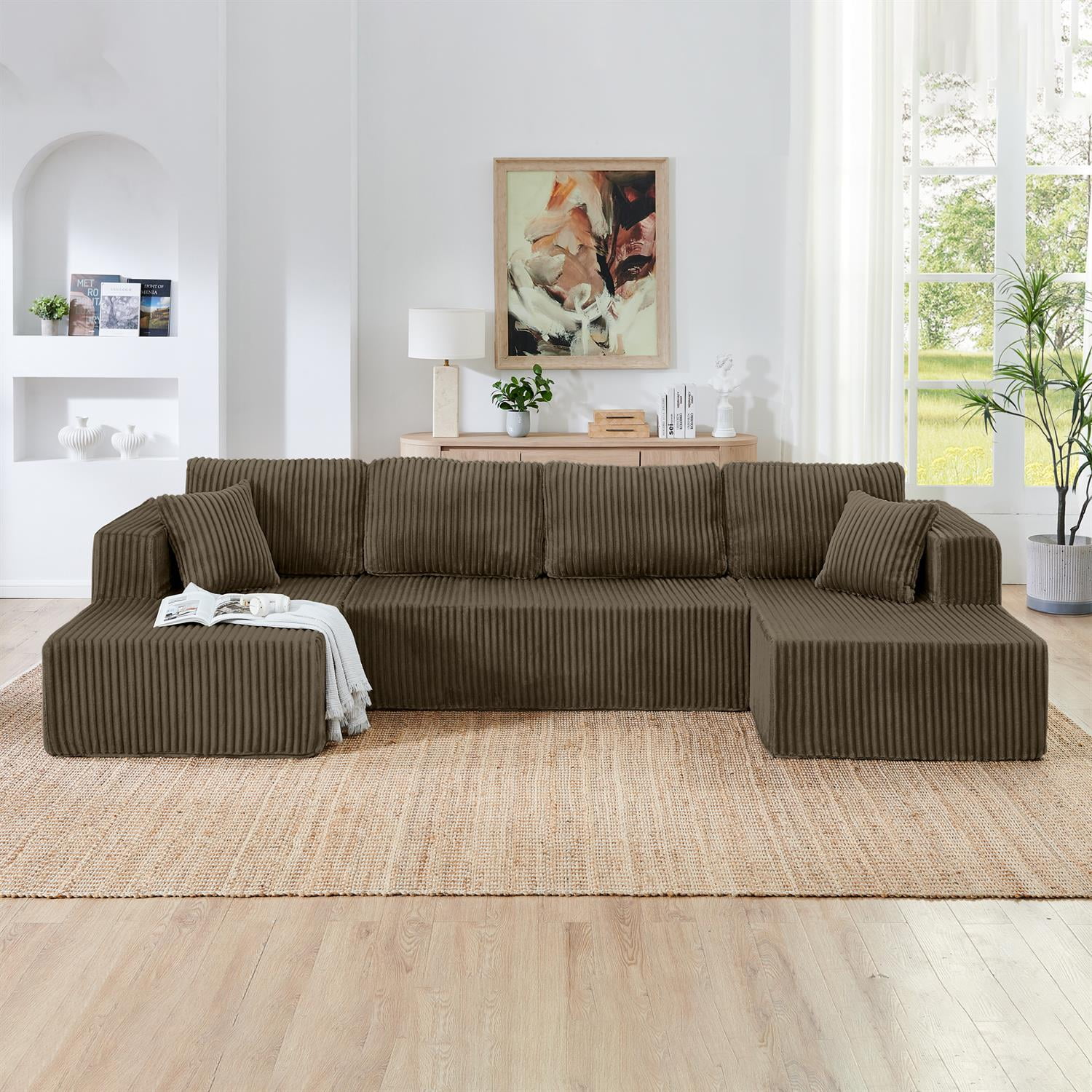 Demi Bonn 132" U-Shaped Modular Sectional Sofa, Modern Corduroy Couch for Living Room & Bedroom, Minimalist Comfy Sleeper Sofa, Brown
