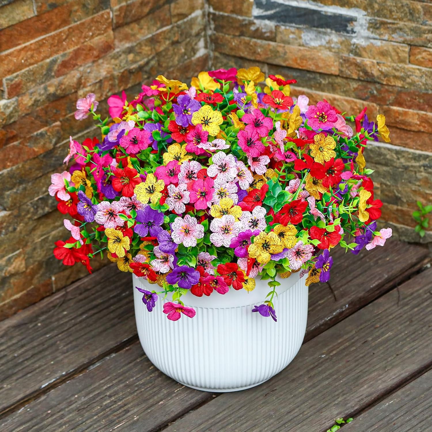 24 Bundles Artificial Flowers Faux Plants Outdoor Decor, UV Resistant Silk Violet Spring Fake Plants for Outside Indoor Yard Home Patio Porch Decor, Mix 5 Colors