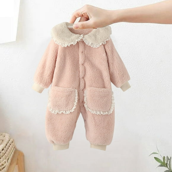 EQWLJWE Christmas Newborn Baby Fleece Rompers Winter Fluffy Fuzzy Long Sleeve Doll Collar Jumpsuit One Piece Snowsuit Warm Outerwear Outfits with Pocket Baby Clothes Clearance 2-24 Months