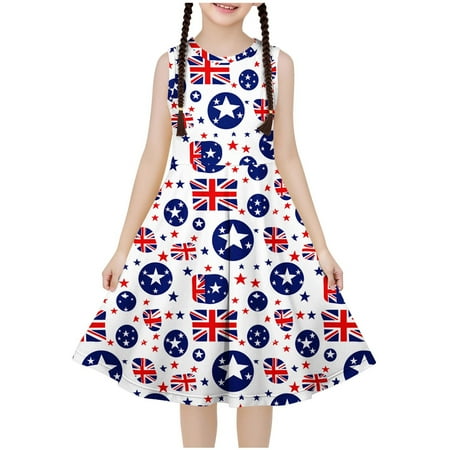 Ugoldhm Girls Casual Ruffle Dress Boho Dress Cute Print Sleeveless Fit & Flare Dress Summer Outfits Size 4-14