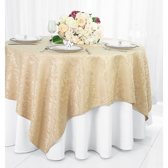 Wedding Linens Inc. 72" Square Damask Jacquard Polyester Table Overlays - Champagne