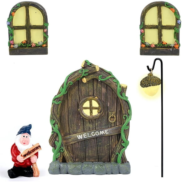 Fairy Garden Door Windows Street Lantern Elf Gnome with Holding Welcome Sign Miniatures Figurines Garden