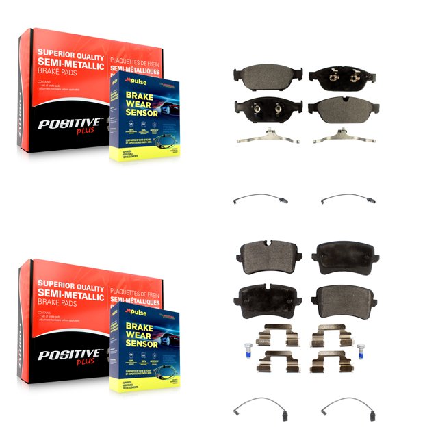 Positive Plus Front Rear Semi-Metallic Disc Brake Pads and Wear Sensors Kit for Car 2014-2015 Audi A6 Quattro Premium with 2.0L with 356mm Diameter Rotor KPW-100410
