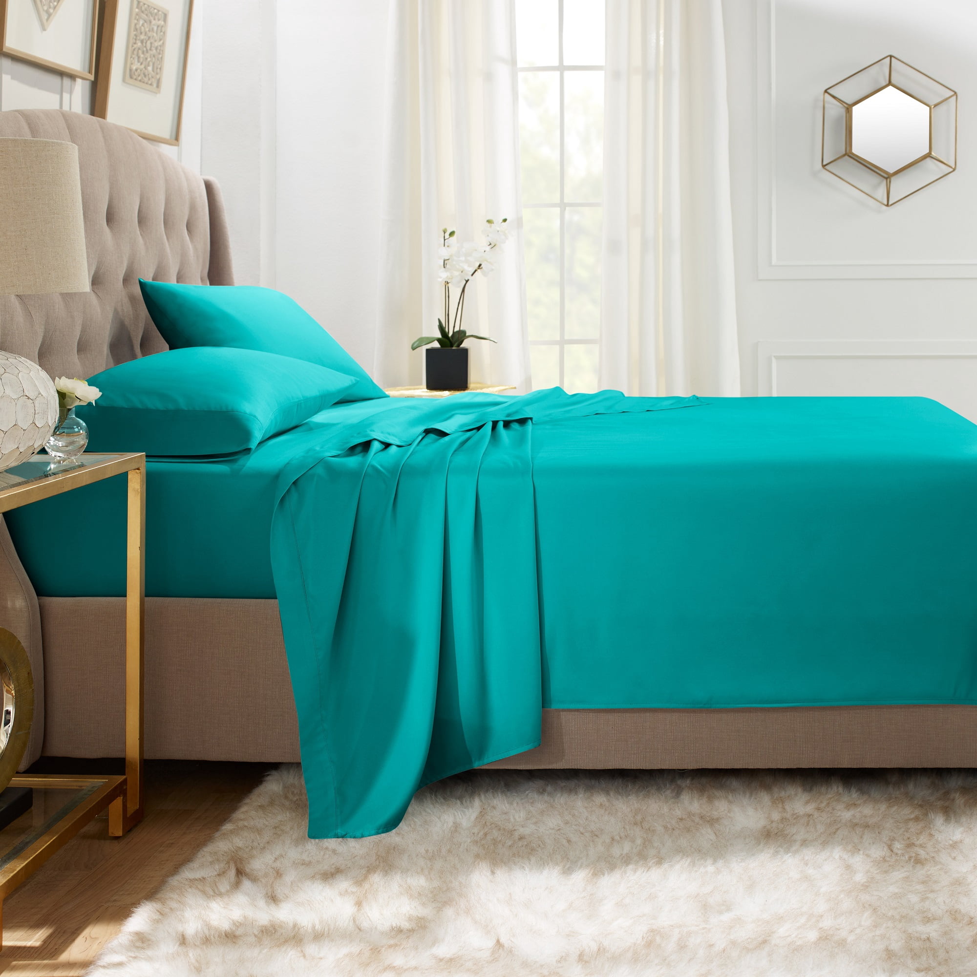 Hearth & Harbor Deep Pocket 3 Piece Solid Bed Sheet Set, 1800 Thread Count Microfiber Sheets, Twin, Teal Blue