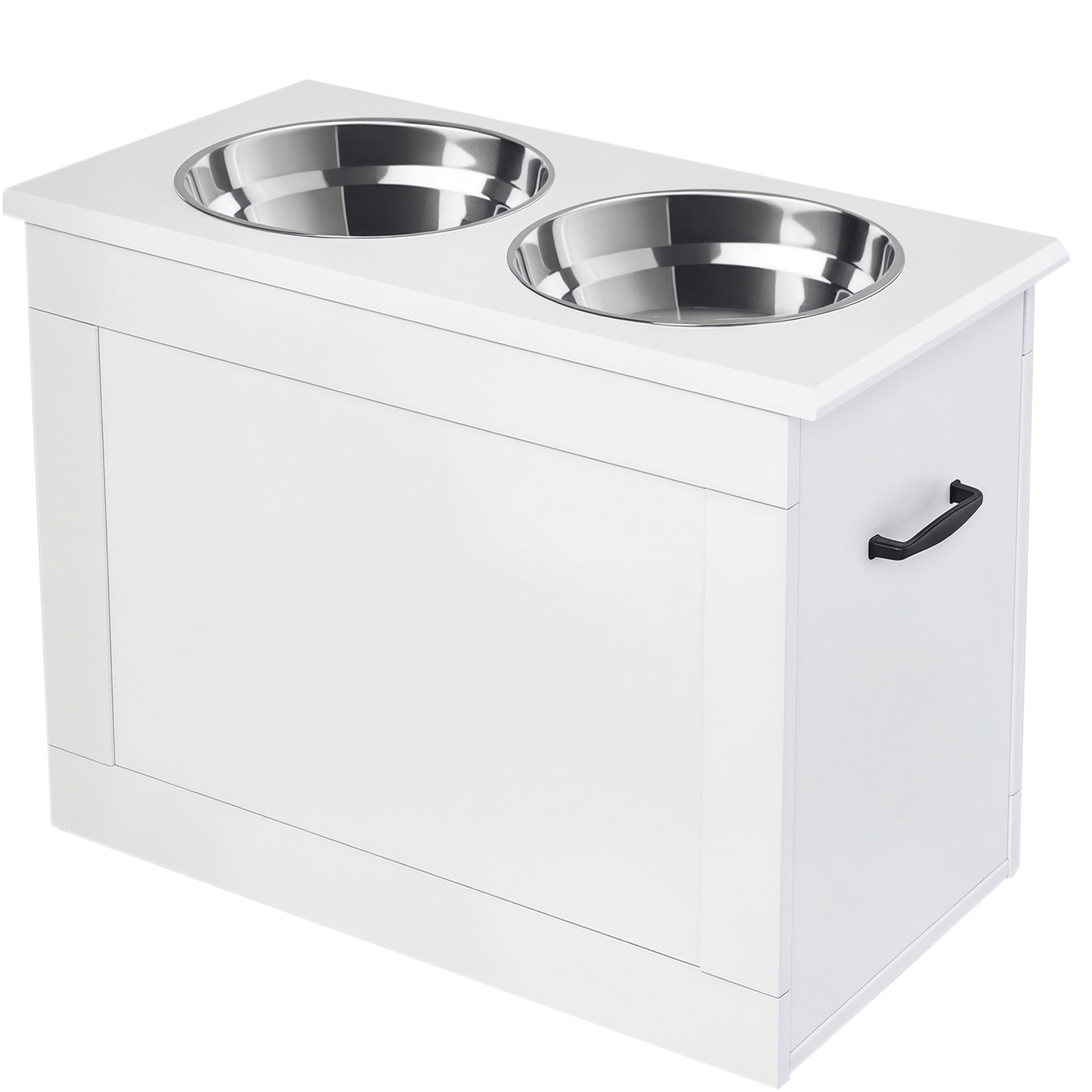 JERFIT Elevated Dog Feeder Stand with Storage, White Pet Food Station with 2 Stainless Steel Bowls for Large Breeds, Raised Dog Bowl Holder