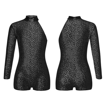 renvena Kids Girls Sparkly Single Long Sleeves Ballet Gymnastic Leotard Athletic Biketard Unitard Bodysuit 6-16 A Black 14