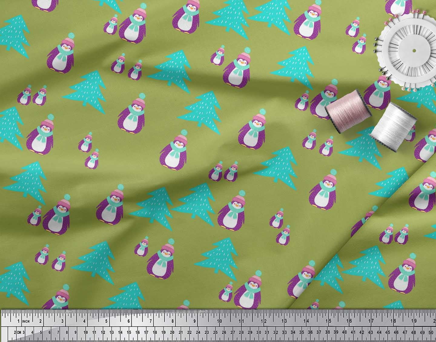Soimoi Green Georgette Viscose Fabric Snowman & Tree Christmas Print Sewing Fabric Yard 42 Inch Wide