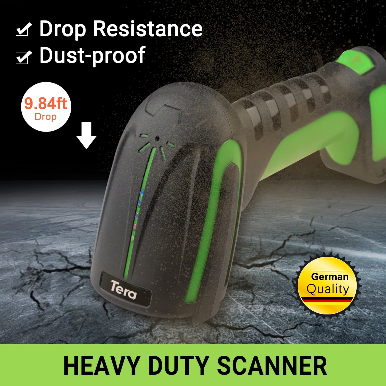 Tera Wireless Industrial 2D Barcode Scanner with Stand 3 in 1 connection  Anti-Drop Bar Code Reader Green 8100