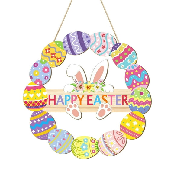 JoyMoreHome Easter Wreath Decorations for Front Door Outdoor, Wooden Easter Door Hanging Decor Flowers Egg Spring Wreaths with Happy Bunny Welcome Sign for Porch Wall Room Farmhouse