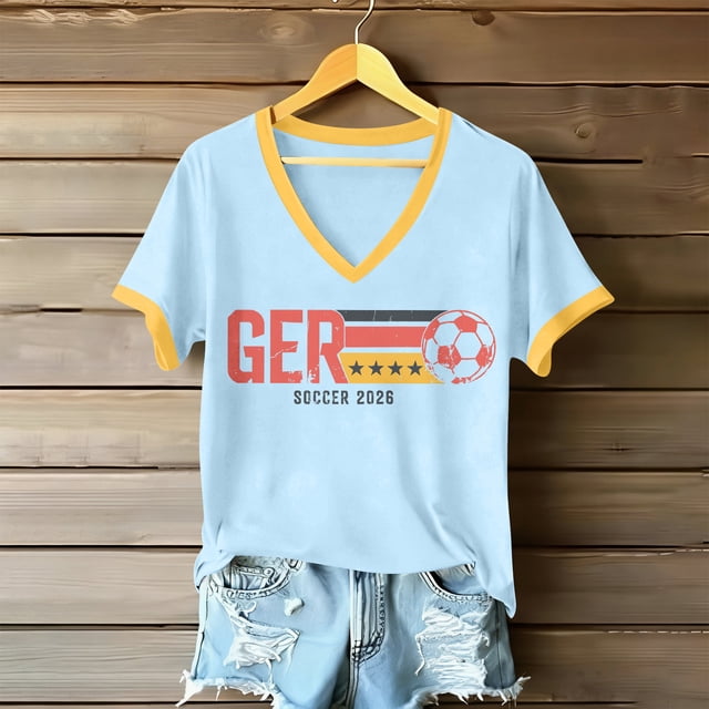 Women's Football Graphic T-Shirt, Women's Fashion V-Neck Short Sleeve T-Shirt with Letter Print for Casual Wear for Soccer Tournament 2026 Blue Size: 2XL