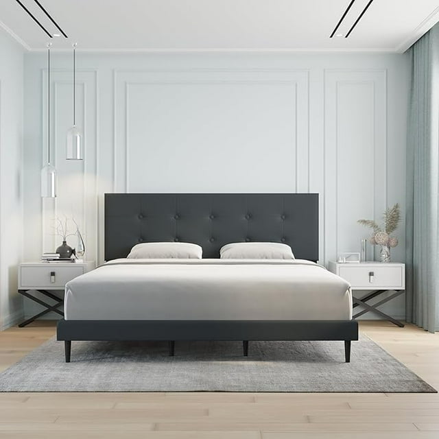 Velets Nora King Platform Bed Frame, Upholstered Fabric Tufted Low Profile Bed with Adjustable Headboard, Solid Wood Frame, Wood Slats, No Box Spring Needed, Beige